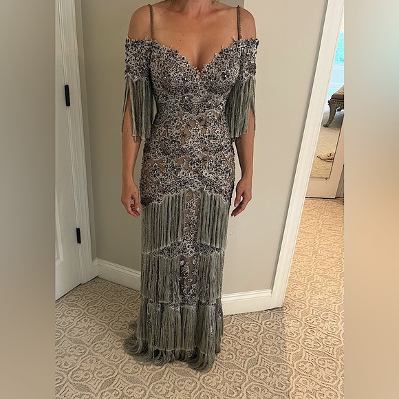 Stephen Yearick Fringe Tassel Diamond Beaded Evening Gown has lavender beading. - Picture 4 of 11